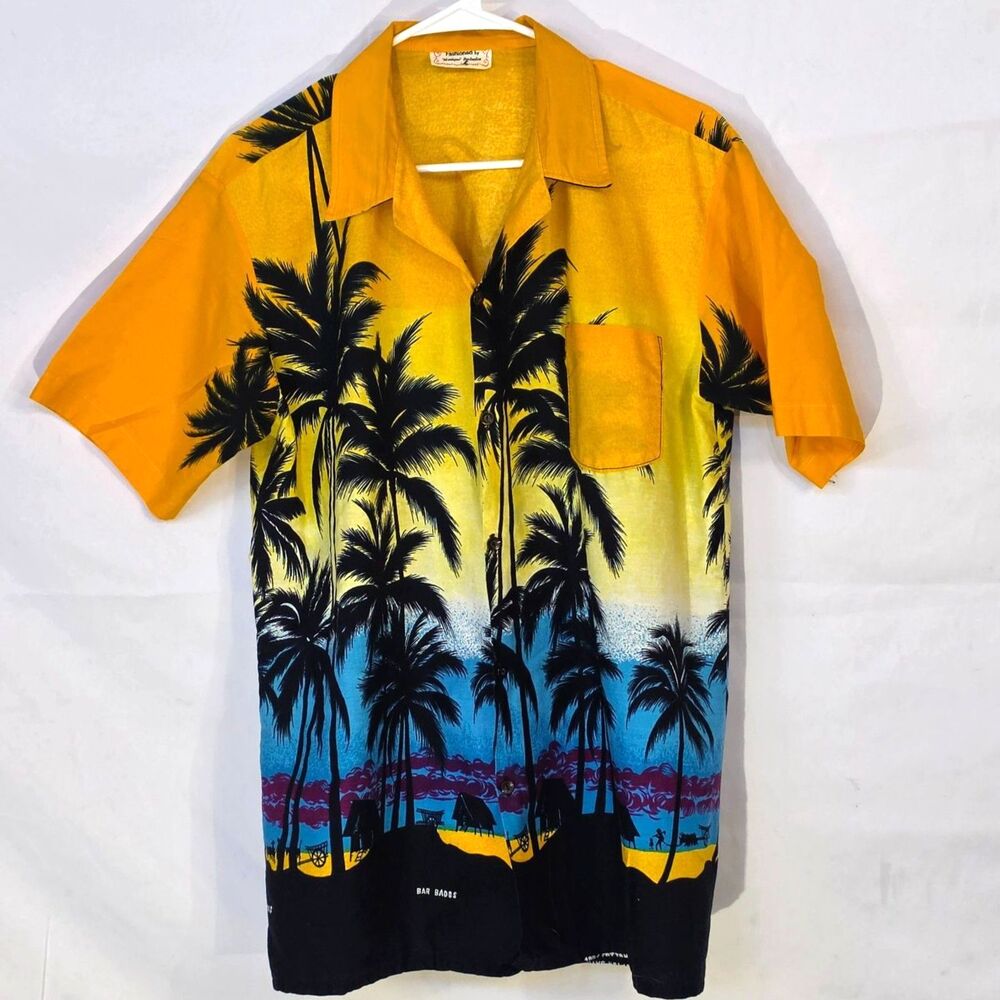 Vintage Barbados Palm Trees Hawaiian Sunset Camp Shirt Yellow Tropical Mens M